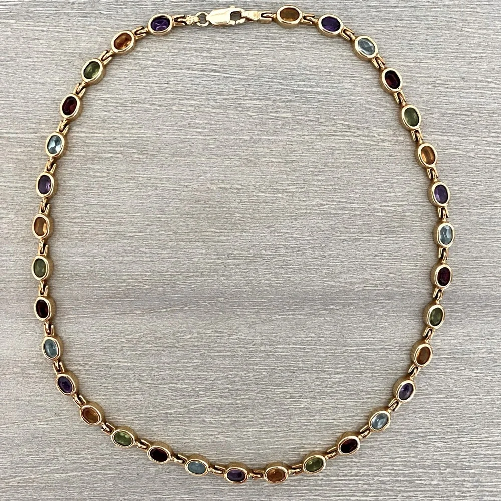 Multi Colored Station Necklace in Yellow Gold